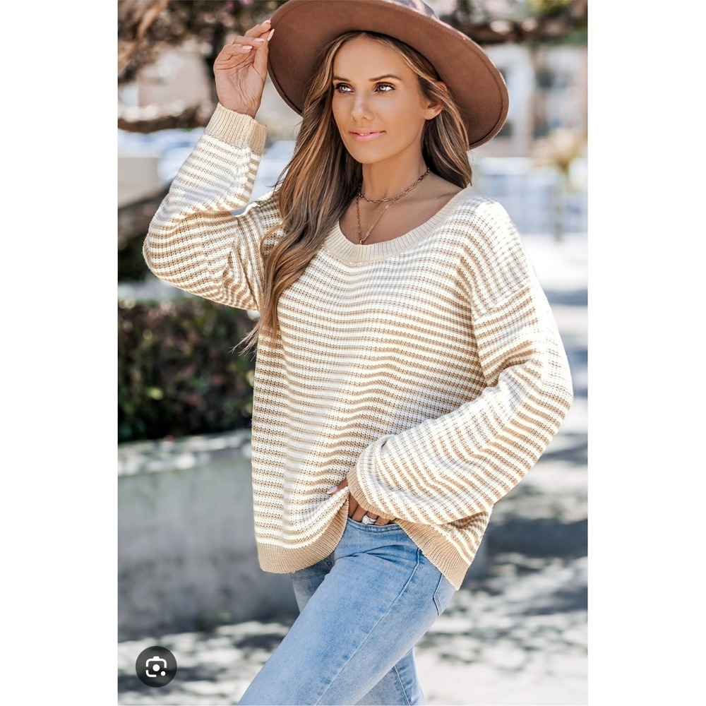 Cupshe Womens Striped Knit Sweater Off Shoulder Long Sleeve Casual Beige Cream M